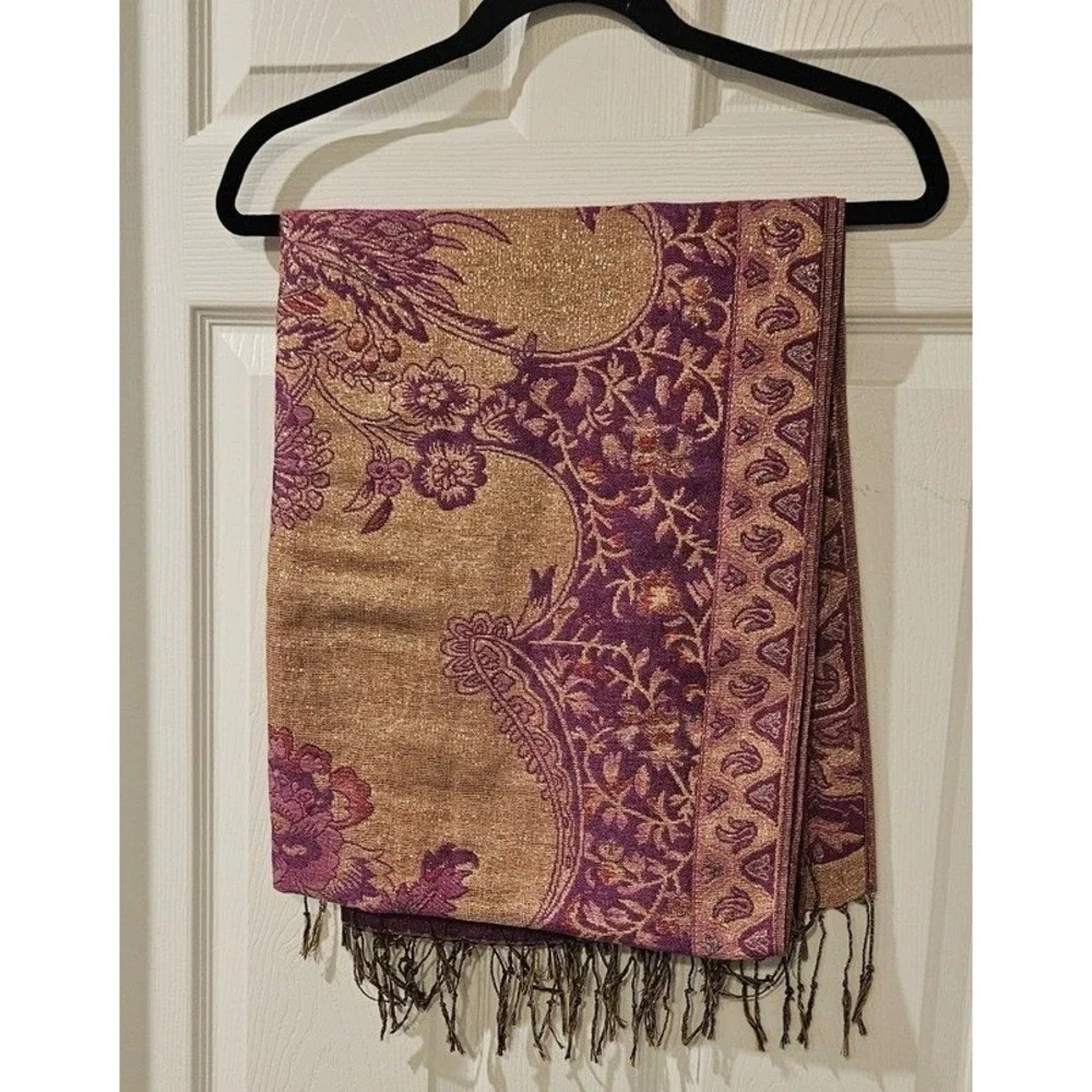 Pashmina 100% Pashmina‎ Shawl Wrap Scarf Purple Gold Metallic Fringe